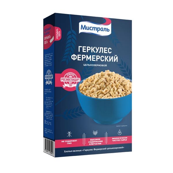Хлопья овсяные Мистраль Геркулес Фермерский цельнозерновой, 400 г