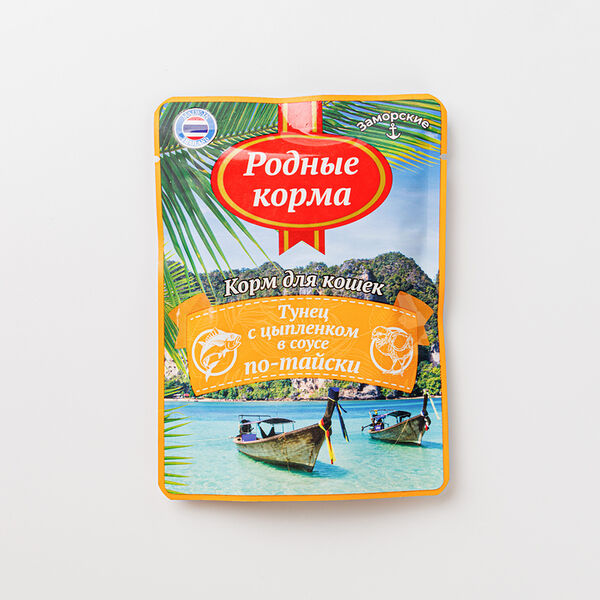 Влажный корм для кошек Родные корма Заморские Тунец с цыпленком в соусе по-тайски 70г