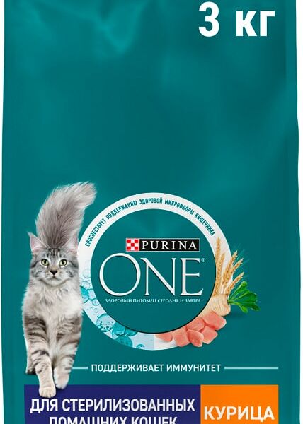 Сухой корм для кошек Purina ONE полнорационный для стерилизованных домашних с высоким содержанием курицы 3кг