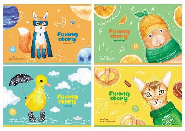 Альбом для рисования BG Funny story А4 на скрепке, 32 л, 1шт, в ассортименте
