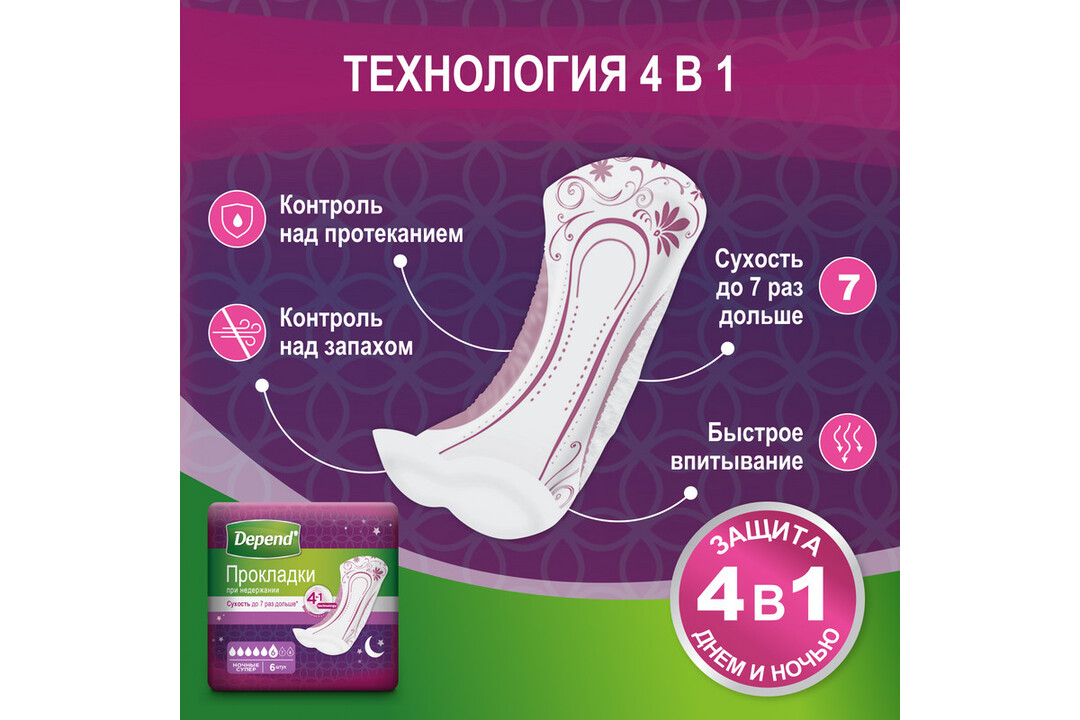 

Прокладки Depend при недержании ночные супер 6 шт