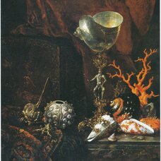 Still life with shell cup, shells, coral and lacquer box
