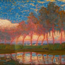 Row of eleven poplars in red, yellow, blue and green