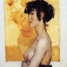 Woman in Profile in Front of Van Gogh's Sunflowers