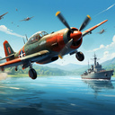 Naval battle. Floating above the water.