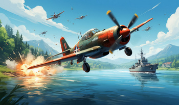 Naval battle. Floating above the water.