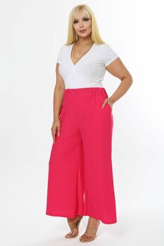 Mooi XXL Kadın Fuşya Bol Paça Esnek Bürümcük Kumaş Pantolon 42-44 Beden