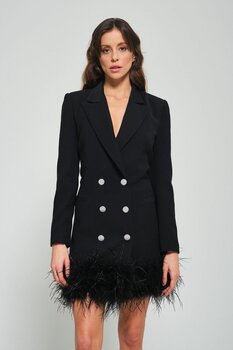 TARA COŞKUNTUNCEL Siyah Blazer Tüylü Kruvaze Taşlı Düğmeli Ceket Elbise 34 Beden