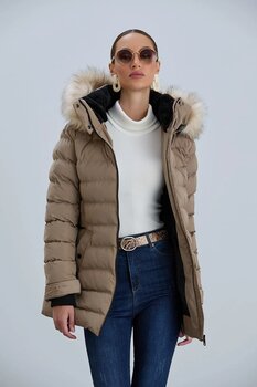 PIQUE Kadın Mont Kadın Suni Kürklü Çıkabilir Kapüşonlu Şişme Kaban M Beden