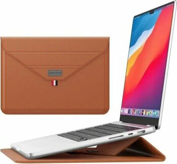 Macbook Pro 14 Inç M3 / M3 Pro / M3 Max A2992 Uyumlu Deri Tasarım Standlı Taşıma Çanta - Taba