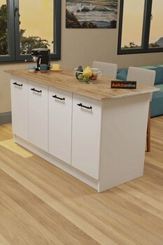 AEKA AE-2040 Vera Mutfak Adası Bar Masası Yemek Masası Dolaplı, Beyaz/Çam Raflı, Çok Amaçlı 160 cm