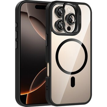 iPhone 16 Pro Max Kılıf Standlı ve Kamera Lens Hediyeli M-Safe Şarj Özellikli Mryn Etro Kapak - Siya - Siyah