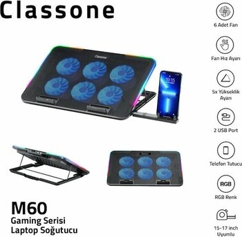 Classone Gaming M60 Laptop Soğutucu , Notebook Stand,10 Rgb Işık Kontrolü, 15.6 -17 İnch , Hız Kontrolü , 6 Büyük Fan ,telefon Standı, 2 Usb