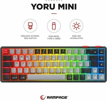 Rampage Yoru Mini Gri/Siyah Type-C Kablolu RGB Red Switch Mekanik Oyuncu Klavye