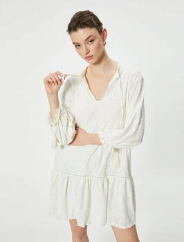 Koton Fistolu Uzun Kollu Yakası Bağlamalı Ekru L Elbise