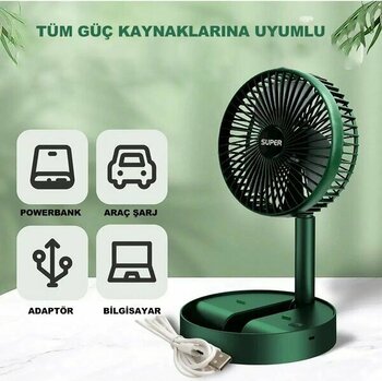Masaüstü Vantilatör Şarjlı Vantilatör 3 Kademeli Vantilatör Fan Masa Üstü Kompakt Vantilatör - Haki