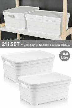 Meleni Home 2 Adet Kapaklı Dekoratif Piramit Saklama Kutusu - Dolap Düzenleyici Organizer Kutu 10,8 Litre Beyaz