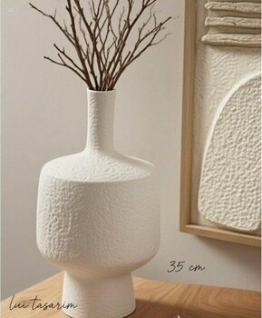 Lui Tasarım Beyaz Vazo Seramik Kendinden Dokulu Büyük Boy Amorf Vazo 35 cm