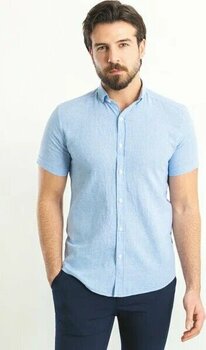 Kareli Mavi Renk Slim Fit Düğmeli Yaka S Kısa Kollu Keten Erkek Gömlek