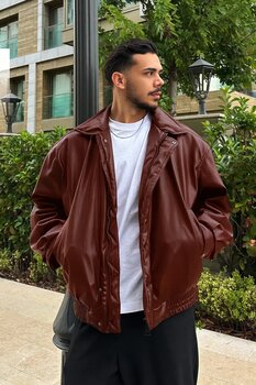 çerme Vintage Erkek Oversize Bordo Deri Ceket L Beden