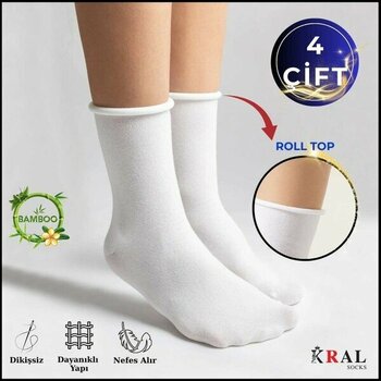 Kadın Roll-Top Lastiksiz Dikişsiz Bambu Soket Çorap 4 Çift - 36 - 40 - Beyaz