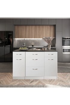 Tdesigno Rumba Mutfak Adası -5 Çekmeceli 2 Kapaklı Alt Modül- Çok Amaçlı Dolap 140 cm Tezgah Dahil