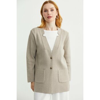 Düğmeli Cep Detaylı Yünlü Triko Ceket - Vizon - Dropsuz - L