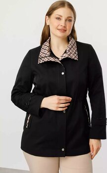 Ekol Kadın Büyük Beden Ekose Detaylı Yan Cepli Trençkot 7504 Siyah