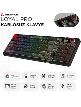 Rampage LOYAL Pro Siyah/Gri 3 BT + 2.4 IPS Ekranlı Red Switch RGB Mekanik Kablosuz Klavye