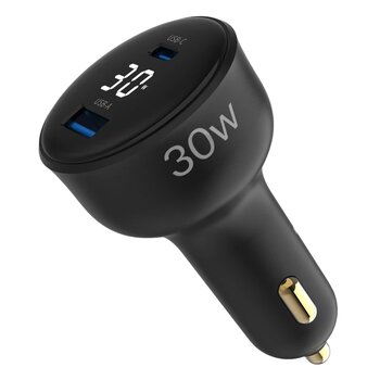 Juo 30W Led Ekranlı Type-C + USB-A Araç Şarj Aleti iPhone & Android & Tablet Araç içi Şarj Cihazı