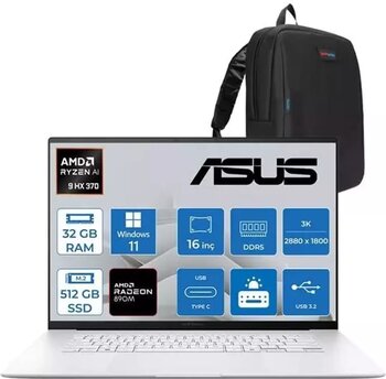 Asus Zenbook S16 Ryzen Aı 9 Hx 370 32GB Ddr5 512GB SSD Amd Radeon 890M WIN11PRO 16" 3k OLED 120Hz 500NITS Taşınabilir Bilgisayar UM5606WATP01 + Zettaçanta