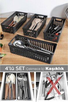 4'lü Modüler Kaşıklık Seti - Mutfak Düzenleyici Çekmece İçi Organizer Bıçaklık Kepçelik Siyah Siyah