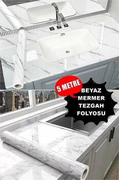 MUHEN Mermer Desen Pvc Kendinden Yapışkanlı Duvar Buzdolabı Masa Kaplama Beyaz Mermer Folyo 5 Metre