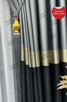 Emes Vera Desen, Pano Fon Perde, Gold Detaylı Gri - Siyah Perde (TEK KANAT)