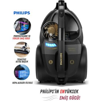 Philips  Triactive Ultra Başlık ve Powercyclone 10 Teknolojisi ile Premium Toz Torbasız Elektrikli Süpürge, Metalik Gri + Onerous Lambader Hediye