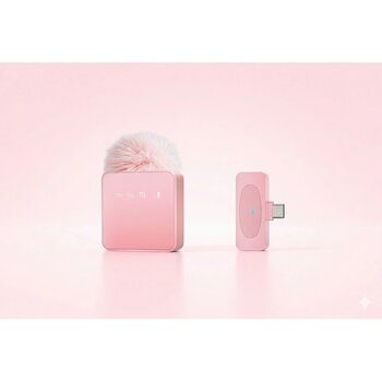 Puffmic Pembe Tüylü Kablosuz Tekli Yaka Mikrofonu Type-c Lighting Uyumlu Canlı Yayın Mikrofonu Pembe