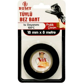 Bumy Tüylü Bez Bant 18mm x 8mt Siyah, Isı Dayanımı: 105°C - Siyah