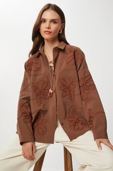 Lovelyİstanbul Nakış İşlemeli Modal Gömlek  KAHVERENGİ 38 Beden