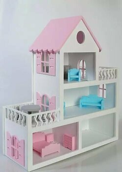 Boyalı Ahşap Barbie Bebek Evi Oyuncak (15 Adet Mobilya Hediyeli)