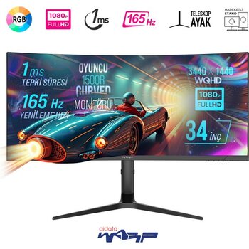 Warp WRP34-165-B 34" 165HZ 1ms Rgb Curved (Hdmı + Display Port) Freesync + G-Sync (3440*1440) Wqhd Oyuncu Monitörü