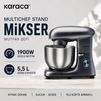 Karaca Geniş Kapasiteli Profesyonel Stand Mikser 1900W Güçlü Performanslı Çok Fonksiyonlu Mutfak Yardımcısı Modern Gövde - Gümüş