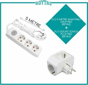 Viko 3'lü Beyaz Anahtarlı Grup Priz + Beyaz Yonca Plus Golyat - 5 Metre
