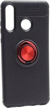 Huawei P30 Lite Kılıf  Manyetik (Metal) Yüzüklü ve Stant Olabilen Rewon Premium Silikon Kapak - Siyah - Kırmızı