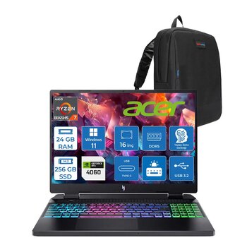 Acer Nitro 16 An16-42 Amd R7 8845hs Aı 24gb Ddr5 256gb Ssd 8gb/Rtx4060 140w 16" Wuxga 180hz Ips Windows 11 Home Taşınabilir Bilgisayar Nhqskey004h01+Zettaçanta