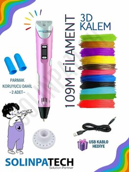 SolinpaTech Pembe 3d Kalem 3d Pen Yazıcı Kalem Çok Renkli (toplam 109 Metre) Filament Usb Kablo