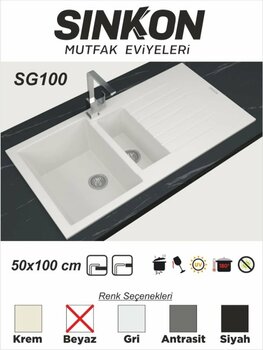 SİNKON Beyaz Granit Evye 50x100 / 1,5 Göz - SG100 - Sinkon