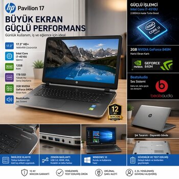 Yenilenmiş Hp Pavilion 17 İ7-4510U 12Gb 1Tb Ssd 17.3” 840M Tr Kullanım