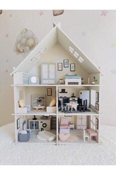 duruwoods Ahşap Oyuncak Bebek-Çocuk Dekor Oyun Evi-3 Katlı-85 Parçalı Oyuncak Ev