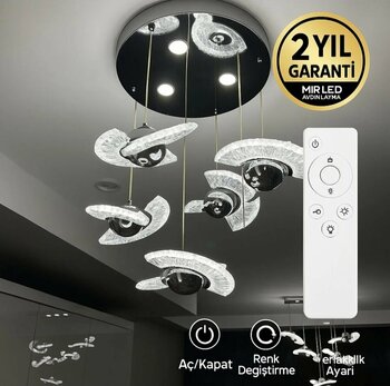 MİRLED AYDINLATMA “Kristal Halkalı LED Avize – 3 Kademeli Işık, Kumandalı, Modern Tavan Aydınlatma”