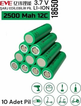 Eve 18650 3.7v Volt 2500 Mah 12c 25p Lityum Şarj Edilebilir 10 Adet Pil Batarya